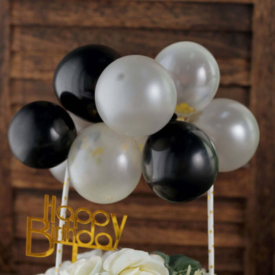 11 Pcs Balloon Cake Topper Black, Silver and Clear - Whimsical Clustered Mini Garland Cake Inserts DIY Party Decorations