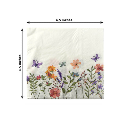 50-Pack Paper Cocktail Napkins with Wildflower Butterfly Design - Disposable 2 Ply Beverage Napkins for Parties 6.5"x6.5"