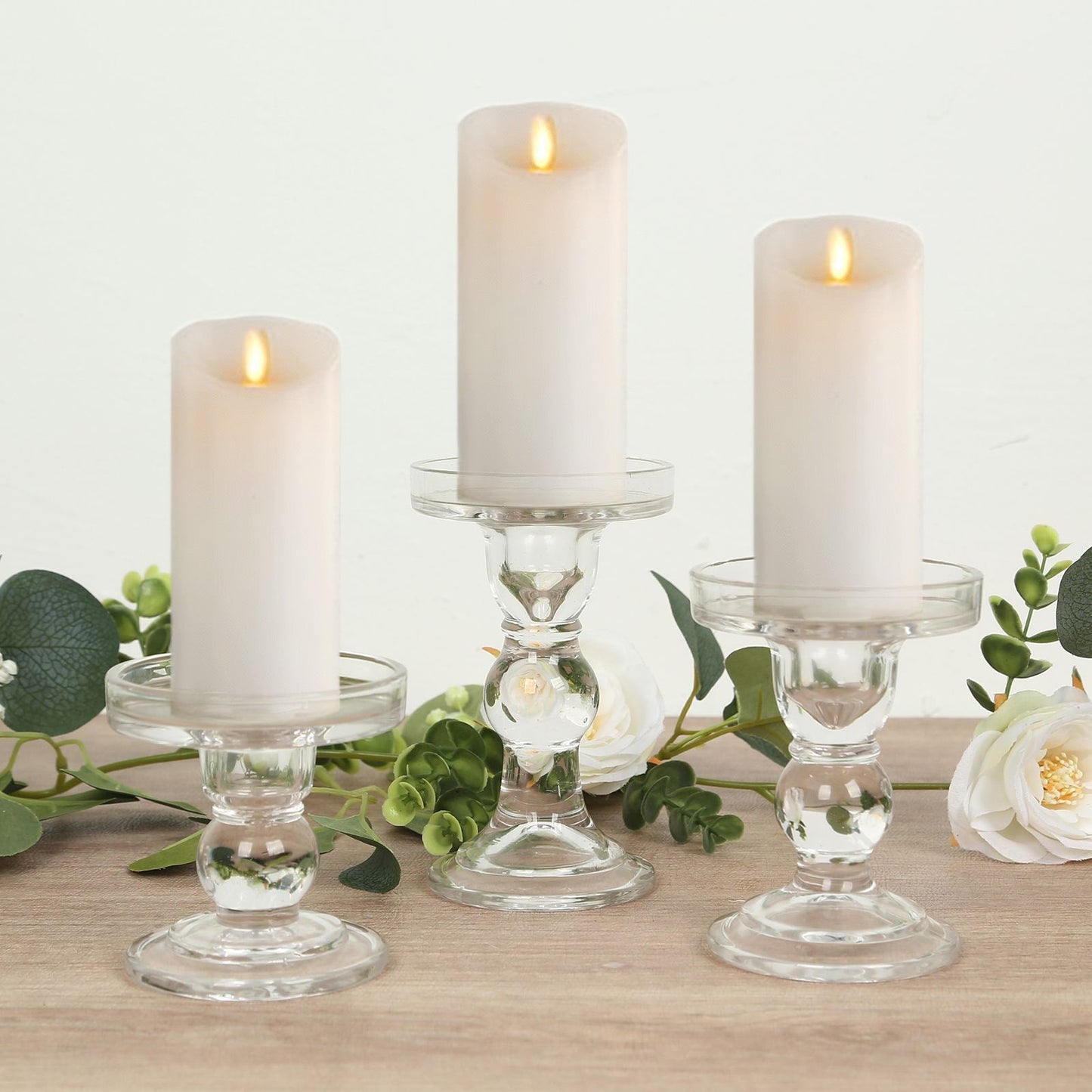 Set of 3 Glass Pillar Candle Holders Clear with Round Tray - Crystal Ball Stem Taper Candlestick Tea Light Stands 3.5", 4.5", 5.5"