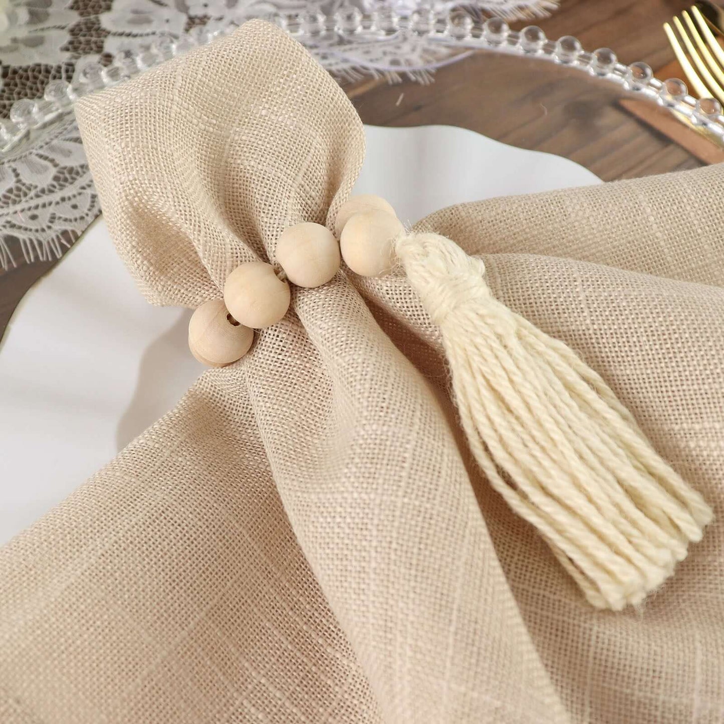 4 Pack 6" Cream Rustic Boho Chic Wood Bead Napkin Rings With Tassels, Farmhouse Country Napkin Holders