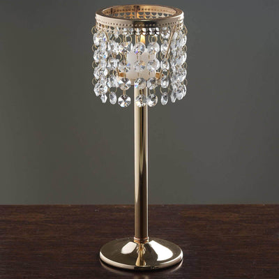 Crystal Beaded Chandelier Metal Candle Holder Gold - Sophisticated Pillar Tealight Stand 12" - Linen Luxes
