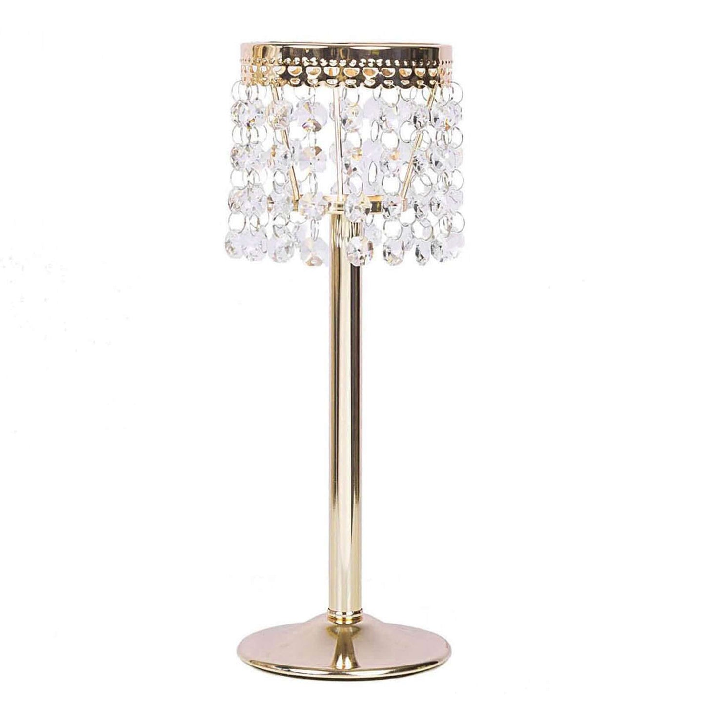 Crystal Beaded Chandelier Metal Candle Holder Gold - Sophisticated Pillar Tealight Stand 12" - Linen Luxes