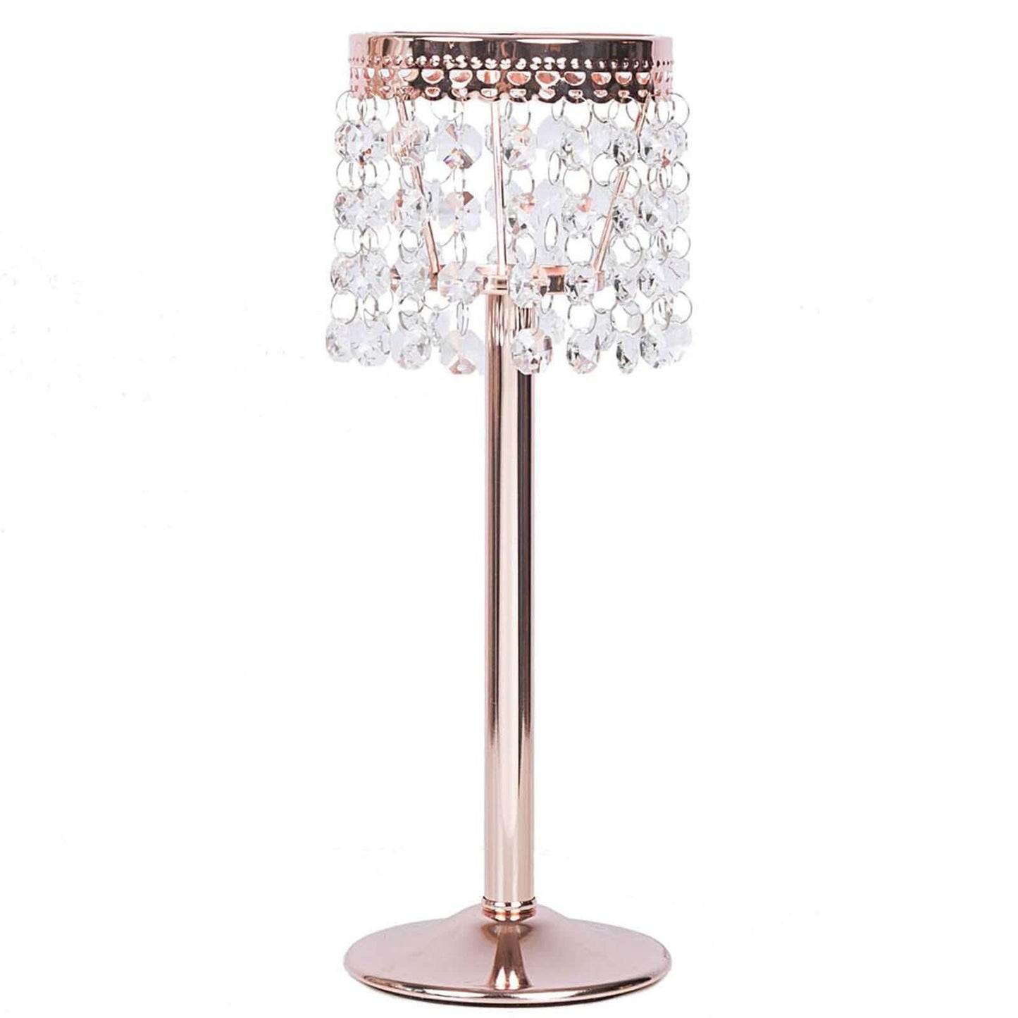 Crystal Beaded Chandelier Metal Candle Holder Rose Gold - Sophisticated Pillar Tealight Stand 12" - Linen Luxes