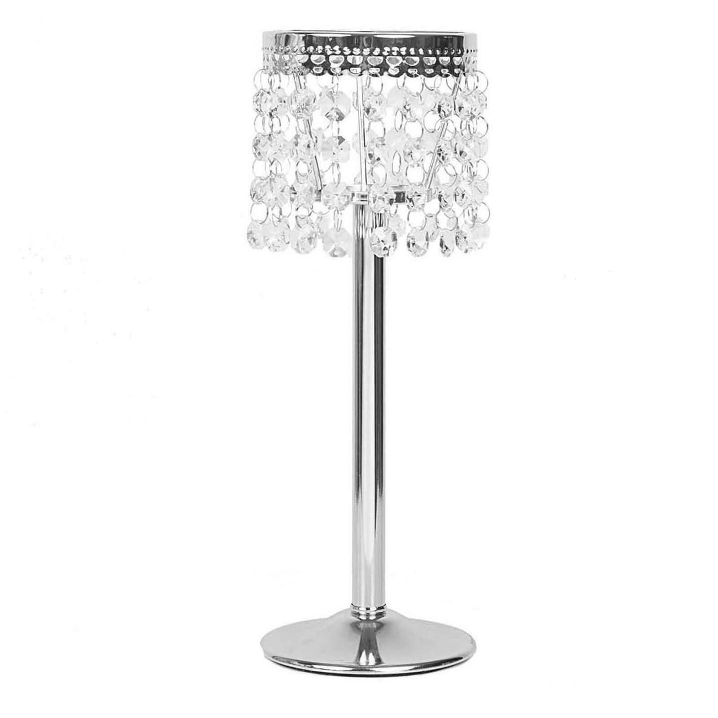 Crystal Beaded Chandelier Metal Candle Holder Silver - Sophisticated Pillar Tealight Stand 12" - Linen Luxes