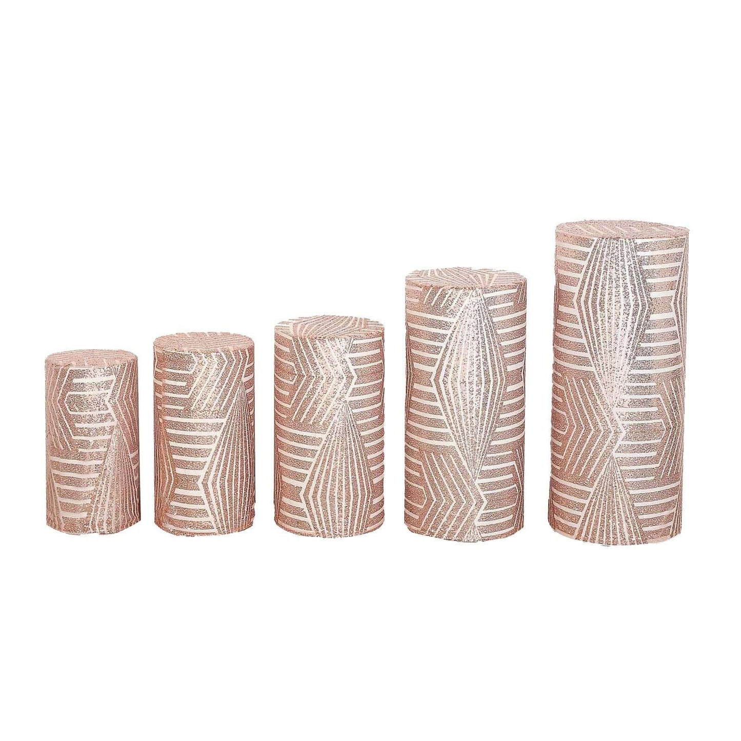 Set of 5 Rose Gold Sequin Mesh Cylinder Pedestal Stand Covers with Geometric Pattern Embroidery, Sparkly Sheer Tulle Pillar Prop Covers