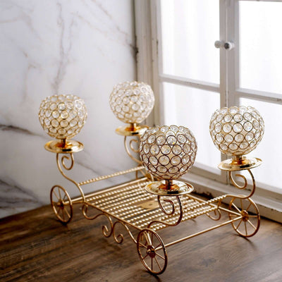 Candle Holder 4-Arm Gold Metal Crystal Cinderella Carriage Wedding Centerpiece - Decorative Display 18"