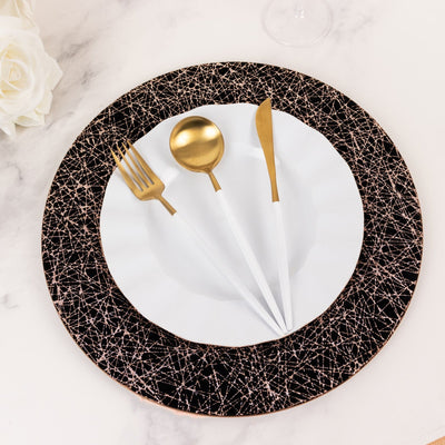 6-Pack Acrylic Round Charger Plates 13" in Black with Gold Glitter Abstract Lines Pattern, Decorative Dinner Party Charger Tableware