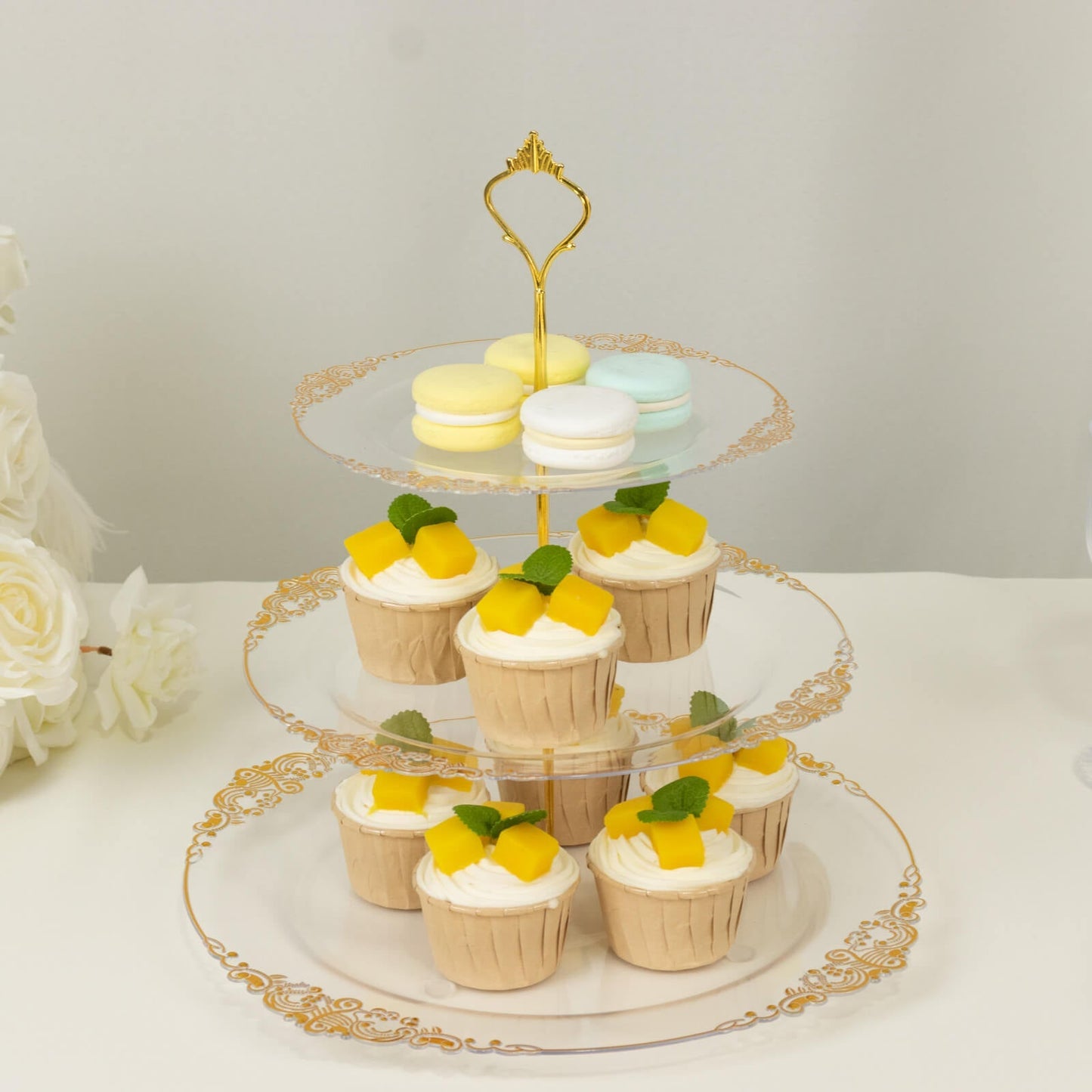 3-Tier Clear Plastic Cupcake Tower Stand with Gold Embossed Baroque Rim, 13" Round Cake Dessert Holder Display Stand Tiered Serving Tray with Top Handle