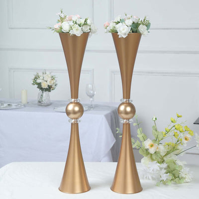 2-Pack Flower Vases Trumpet Design with Crystal Embellishments Gold - Reversible Plastic Centerpieces for Events 27"