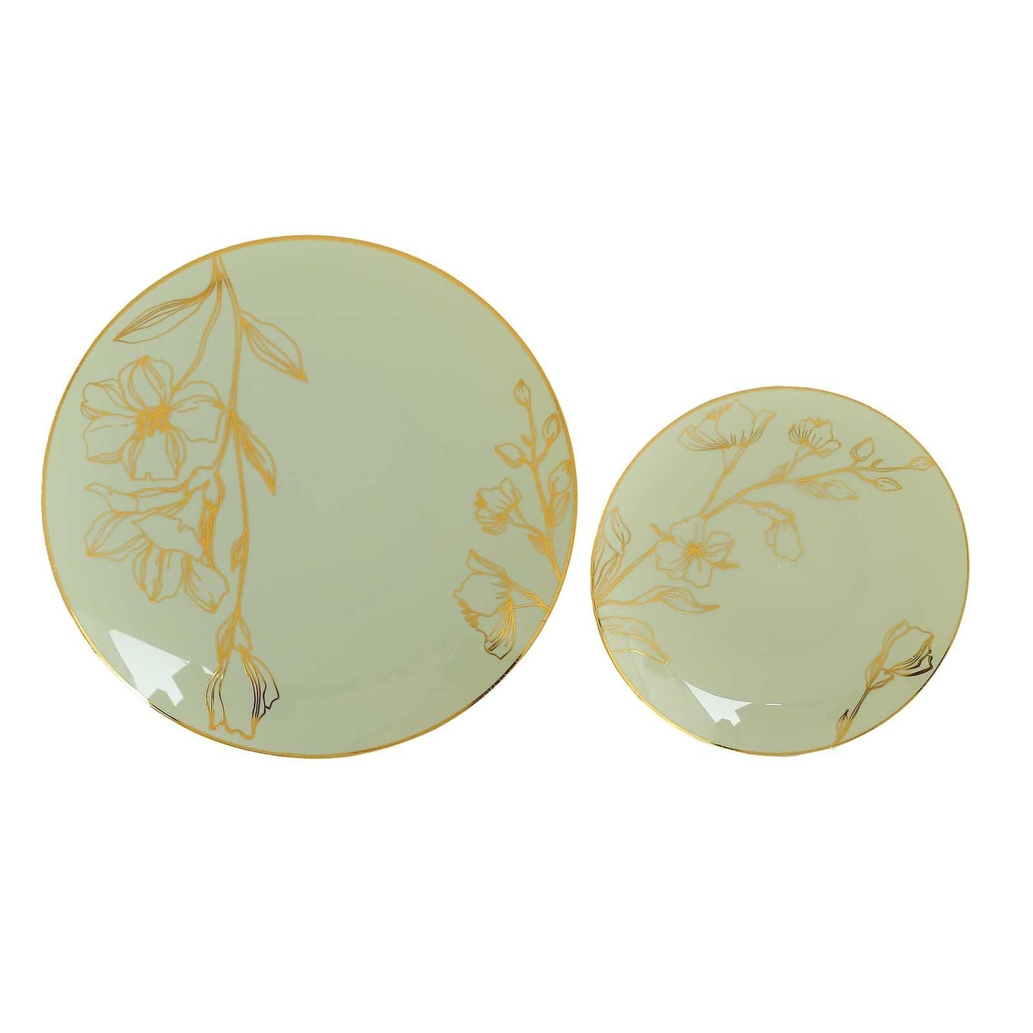Set of 20 Plastic Round Dinner and Dessert Plates in Sage Green with Metallic Gold Floral Design - Stylish Disposable Dinnerware 8", 10"