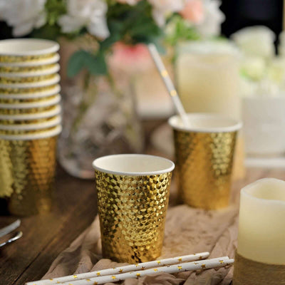 24-Pack Paper Cups in Gold Foil with Honeycomb Design - Stylish Disposable Party Cups for Hot & Cold Beverages 10oz