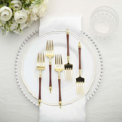 24-Pack Plastic Dessert Forks with Roman Column Handle Gold/Brown - European Style Disposable Utensils 6"