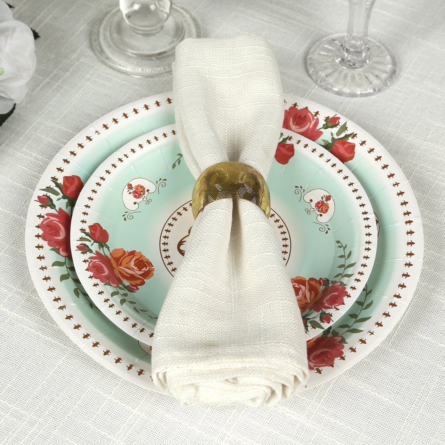 25-Pack Paper 7" Round Dessert Plates in Light Turquoise with Vintage Rose Flower Print - Disposable Appetizer Salad Plates