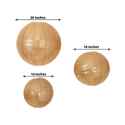 Set of 3 Glitter Gold Sequin Fabric Hanging Lanterns, Large Decorative Round Foldable Chinese Lantern Lampshades - 14",16",20"