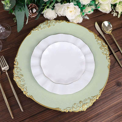 6-Pack Acrylic Round Charger Plates 13" in Sage Green with Gold Embossed Baroque Rim, Antique Decorative Dinner Party Charger Tableware