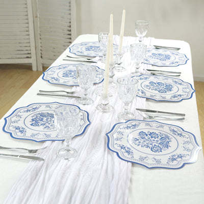10 Pack Cardboard Paper Table Mats with White Royal Blue Damask Floral Pattern, 13" Round Disposable Placemats with Scalloped Rim - 400 GSM