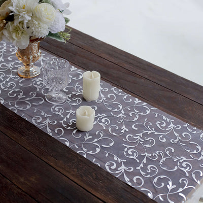 Sheer Organza 12"x108" Table Runner Roll Metallic Silver Foil Embossed Floral Design - Stylish Event Decoration