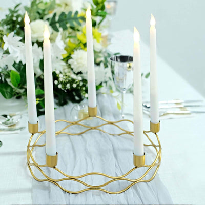 Round Wreath Taper Candelabra 5 Arm Gold Metal Decorative Centerpiece - Tabletop Candle Holder 12"