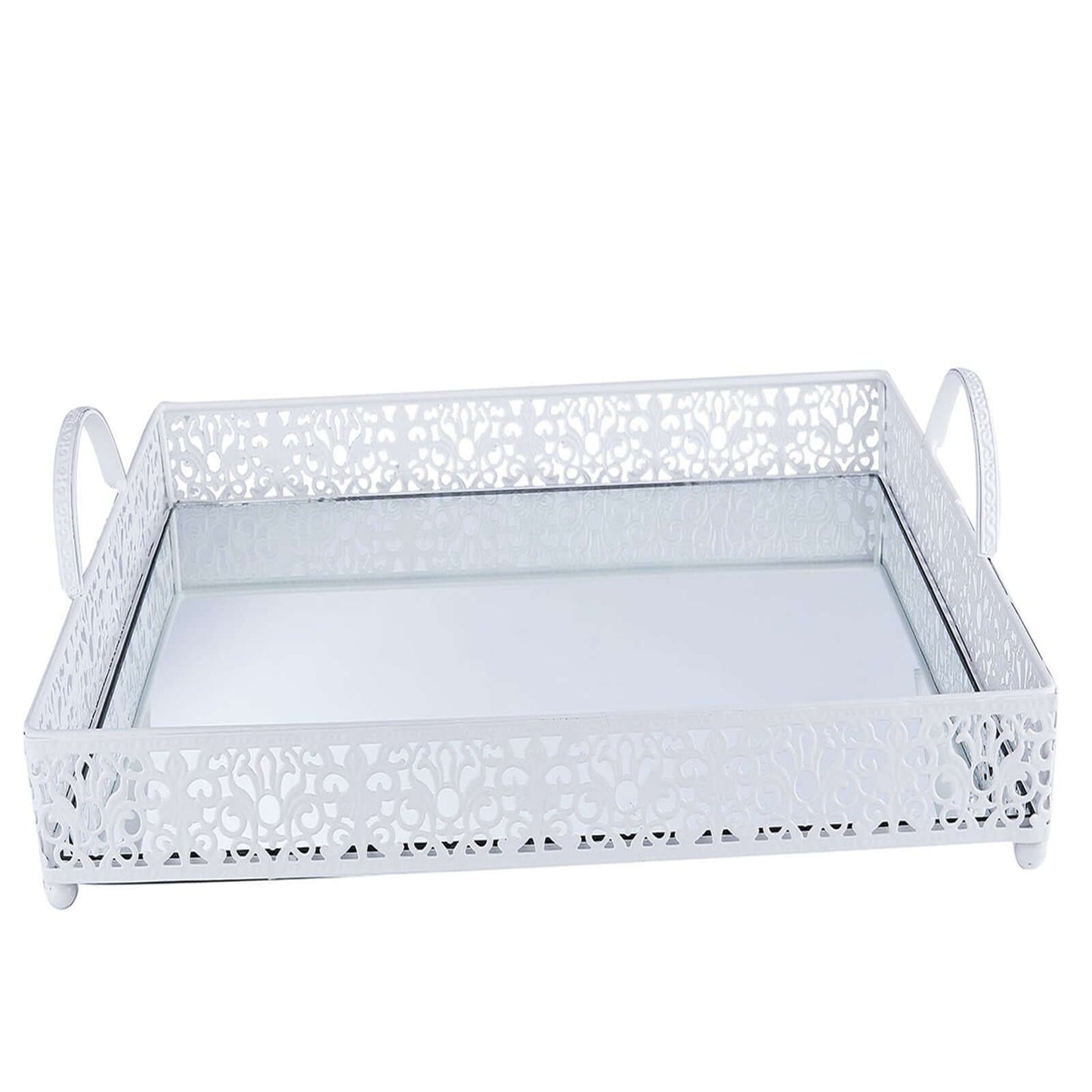 Metal Mirrored Rectangle Serving Tray 16"x12" in White Fleur De Lis Design with Handles, French Inspired Decorative Vanity Tray Centerpiece