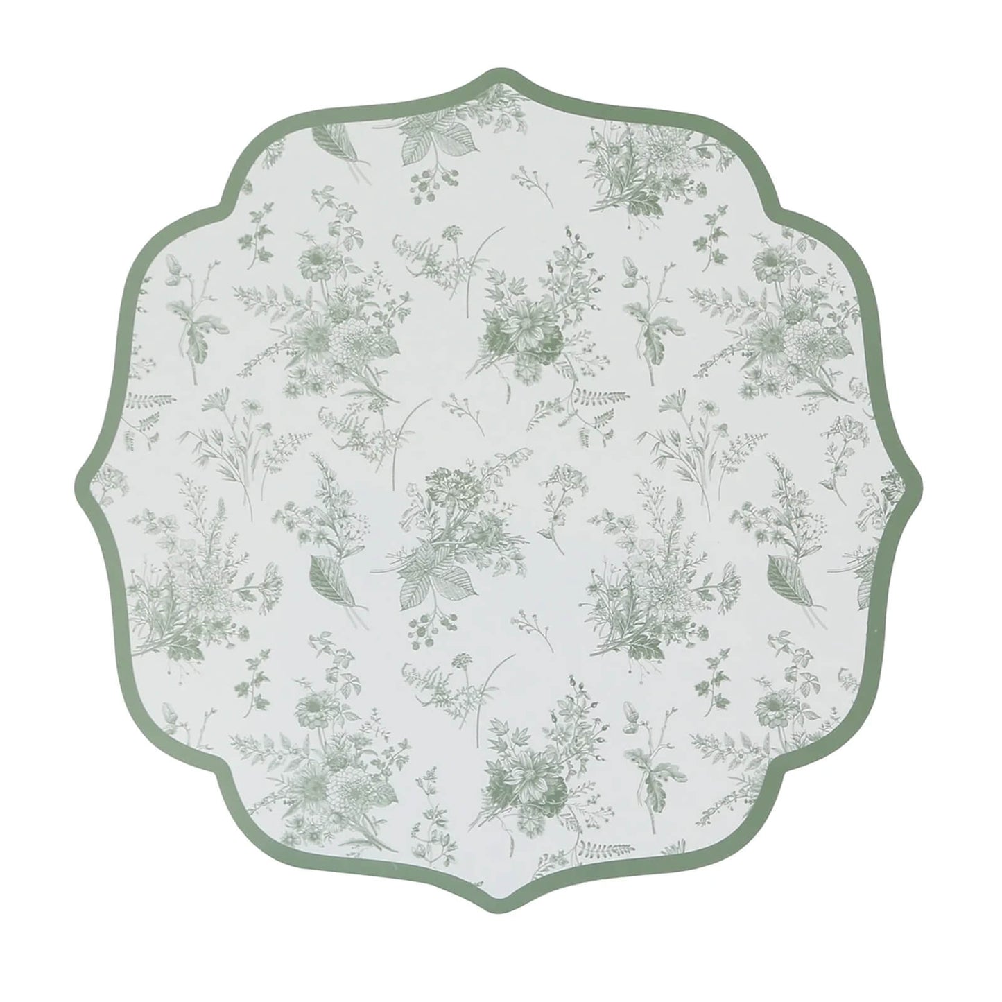 10 Pack Disposable Charger Plates White with Sage Green French Toile Pattern, 13" Cardboard Paper Placemats with Scalloped Rim
