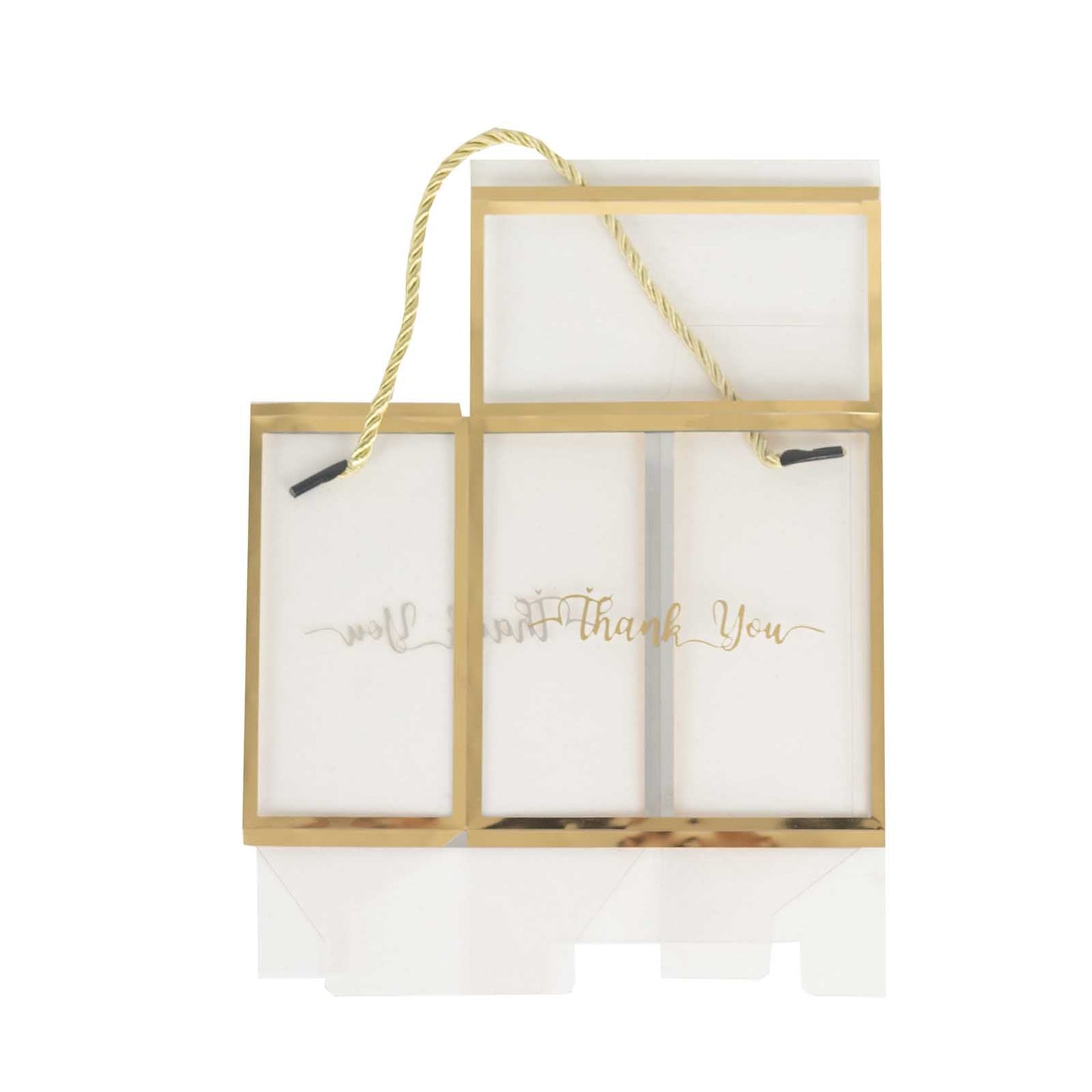 25 Pack Gold Trimmed Clear PVC Gift Boxes with Rope Handles and Thank You Print, Transparent Portable Candy Favor Boxes - 5.5"x5.5"