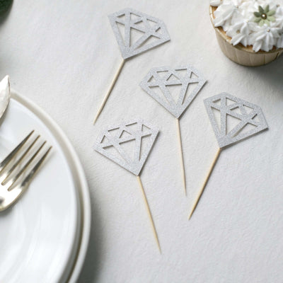 24-Pack Cupcake Toppers Diamond Ring Design Glitter Silver - Party Cake Picks Engagement Decoration Supplies