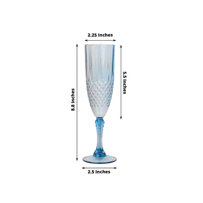 6-Pack Plastic Wedding Toast Flutes Dusty Blue Transparent Crystal Cut Style - Reusable Champagne Glasses 8oz