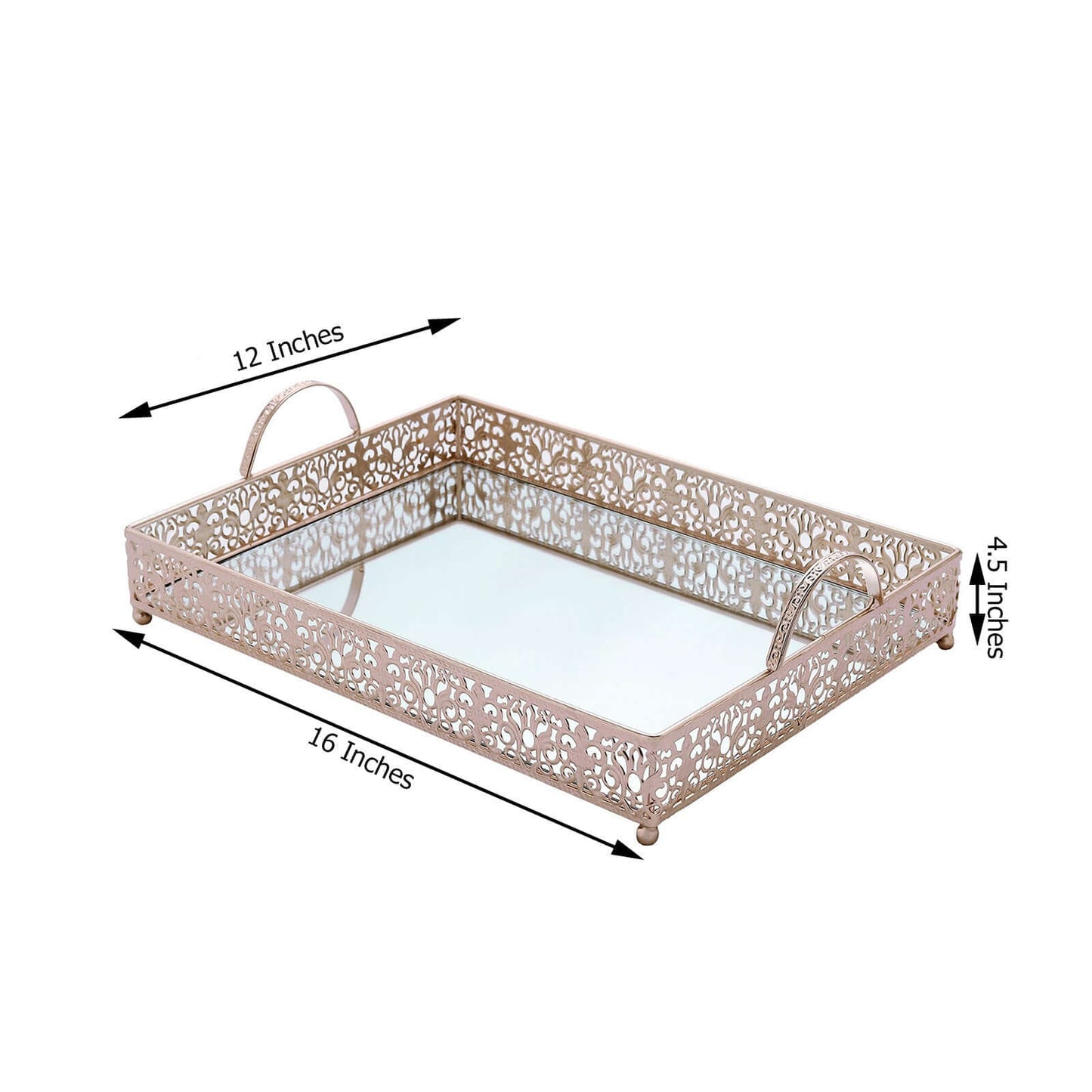 Metal Mirrored Rectangle Serving Tray 16"x12" in Rose Gold Fleur De Lis Design with Handles, French Inspired Decorative Vanity Tray Centerpiece
