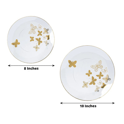 Set of 20 Plastic Round Dinner and Salad Plates in Clear with Gold Butterfly Design & Gold Rim - Stylish Disposable Dinnerware 8", 10"
