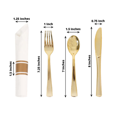 Set of 24 Gold Plastic Silverware with Pre-Rolled White Paper Napkins - Disposable Wrapped Fork, Spoon, and Knife Set