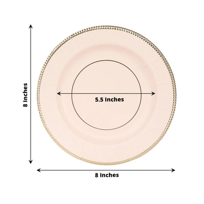25-Pack Paper 8" Round Dessert Plates in Blush Sunray Design with Gold Rim - Disposable Heavy Duty 350GSM Appetizer Salad Plates