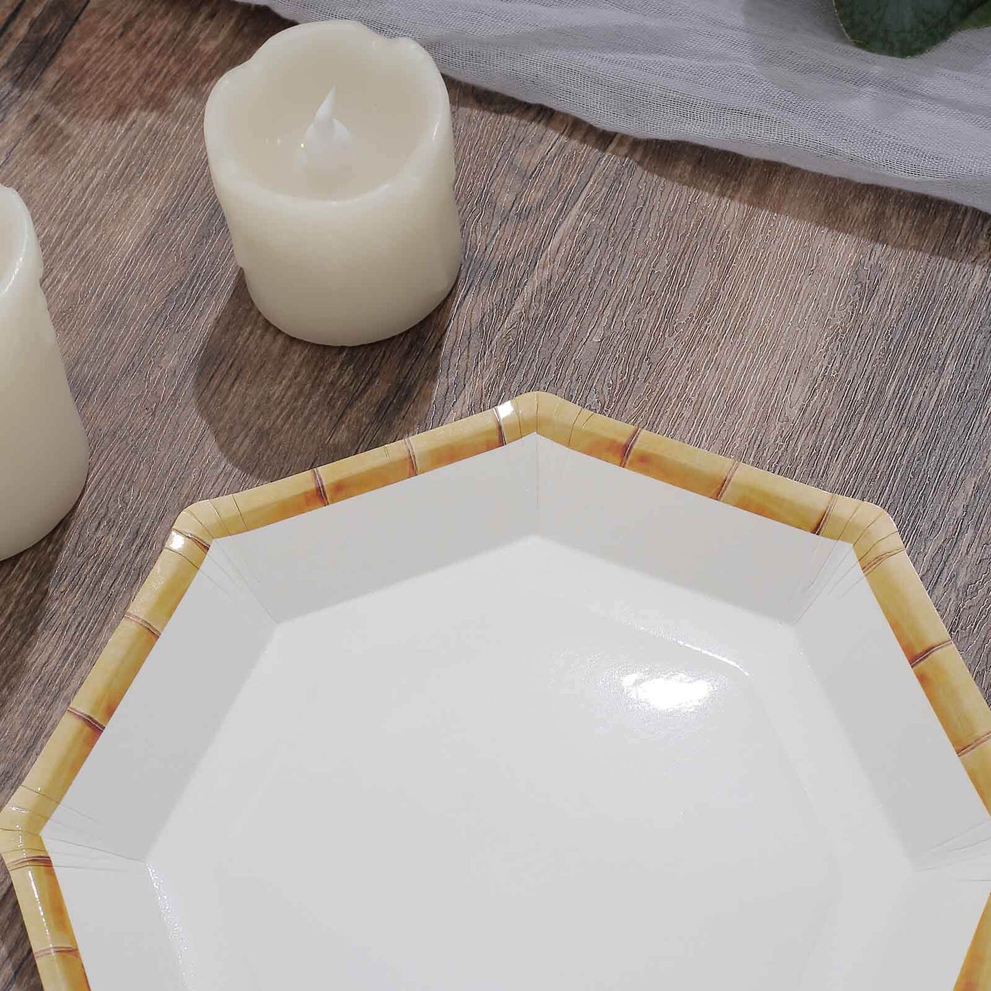 25-Pack Paper Octagonal Dessert Plates 7" White with Bamboo Print Rim - Disposable Geometric Appetizer Salad Plates for Garden Parties & Tropical Themed Events