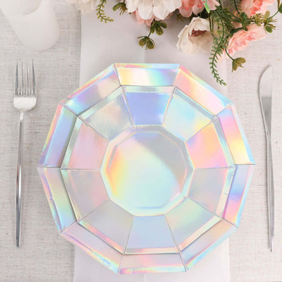 25-Pack Paper 9" Decagon Dinner Plates in Iridescent - Disposable Geometric Party Plates for Disco & Space Themed Events