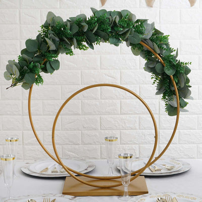 Double Hoop Flower Stand Metal Gold - Wedding Table Centerpiece for Receptions 24" & 16" - Linen Luxes