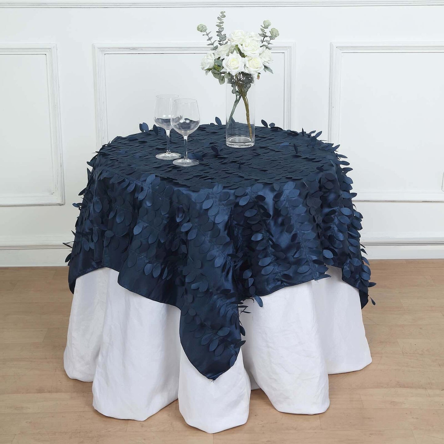 Taffeta 54"x54" Table Overlay Square Tablecloth Navy Blue 3D Leaf Petal Table Cover