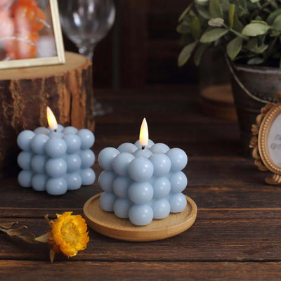 2-Pack LED Flameless Cube Candles Flickering Warm White Dusty Blue - Battery Operated Bubble Design 2"