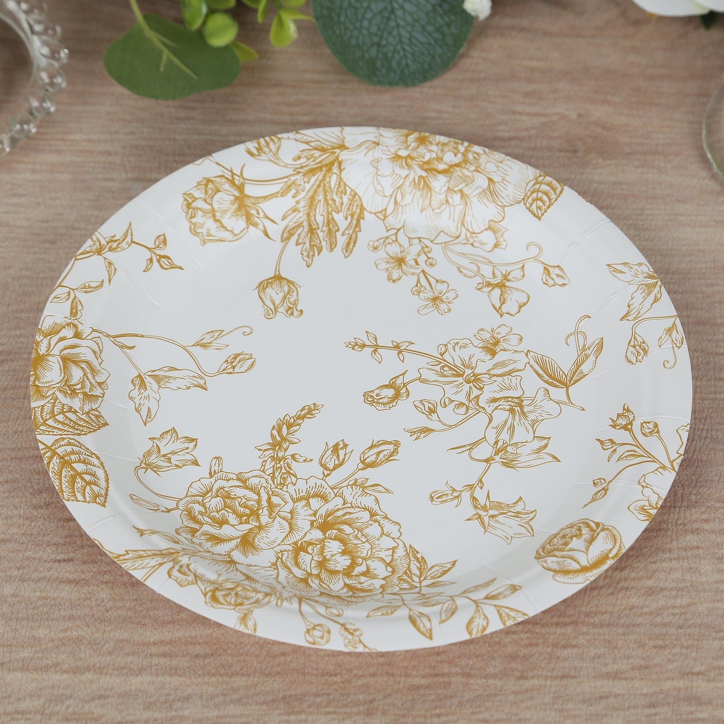 25-Pack Paper 7" Round Dessert Plates in White with Gold French Toile Pattern - Disposable Floral Salad Appetizer Plates for Chic Event Decor