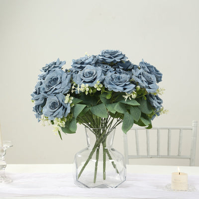 2 Bushes 18" Real Touch Artificial Rose Flower Bouquet, Dusty Blue Silk Long Stem Flower Arrangements