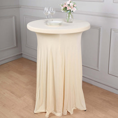 Spandex 30" Round Cocktail Table Cover Skirt Beige With Natural Wavy Drapes