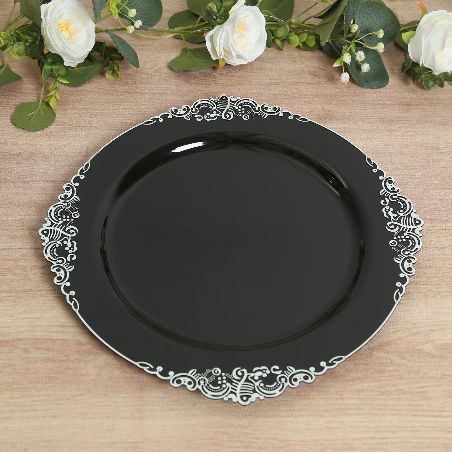 20-Pack Economy Plastic Round Charger Plates 13" in Black with Silver Embossed Baroque Rim, Stylish Dinner Party Serving Plates