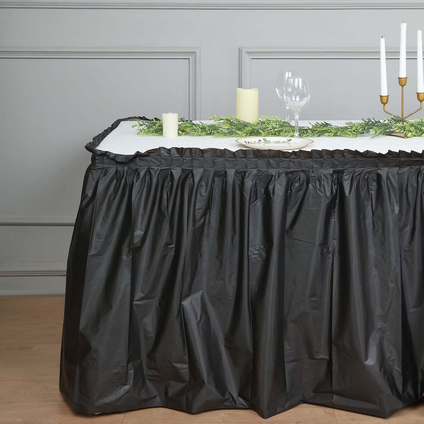 5 Pack Plastic Table Skirts Black Ruffled - Durable Disposable Skirts for Events 14ft