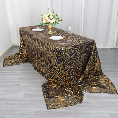 Mesh 90"x156" Rectangle Tablecloth Black/Gold - Wave Sequin Embroidered Table Cover