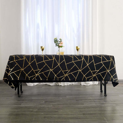 Polyester 60"x102" Rectangle Tablecloth Black with Gold Foil Geometric Pattern - Wrinkle-Resistant & Durable Table Cover