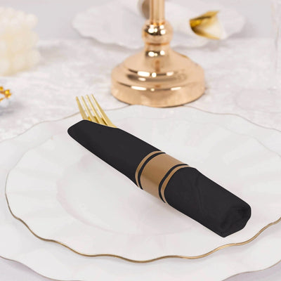 Set of 24 Gold Plastic Silverware with Pre-Rolled Black Paper Napkins - Disposable Wrapped Fork, Spoon, and Knife Set