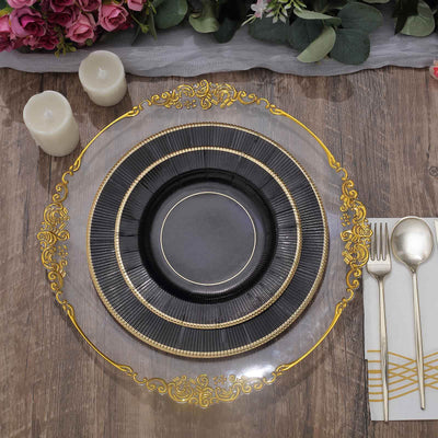 25-Pack Paper 10" Round Dinner Plates in Black Sunray Design with Gold Rim - Disposable Heavy Duty 350GSM Party Plates for Banquets & Celebrations