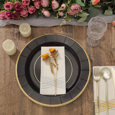 25-Pack Disposable Round Charger Plates in Black Sunray Design with Gold Rim - 350GSM Heavy Duty Paper Chargers 13"