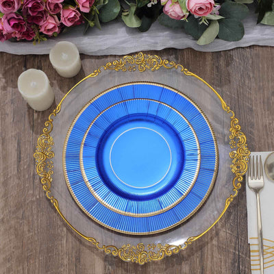 25-Pack Paper 10" Round Dinner Plates in Royal Blue Sunray Design with Gold Rim - Disposable Heavy Duty 350GSM Party Plates