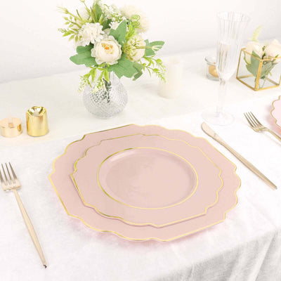 10-Pack Plastic Dinner Plates in Blush Baroque Design with Scalloped Gold Rim - Heavy Duty Disposable Party Plates 11"