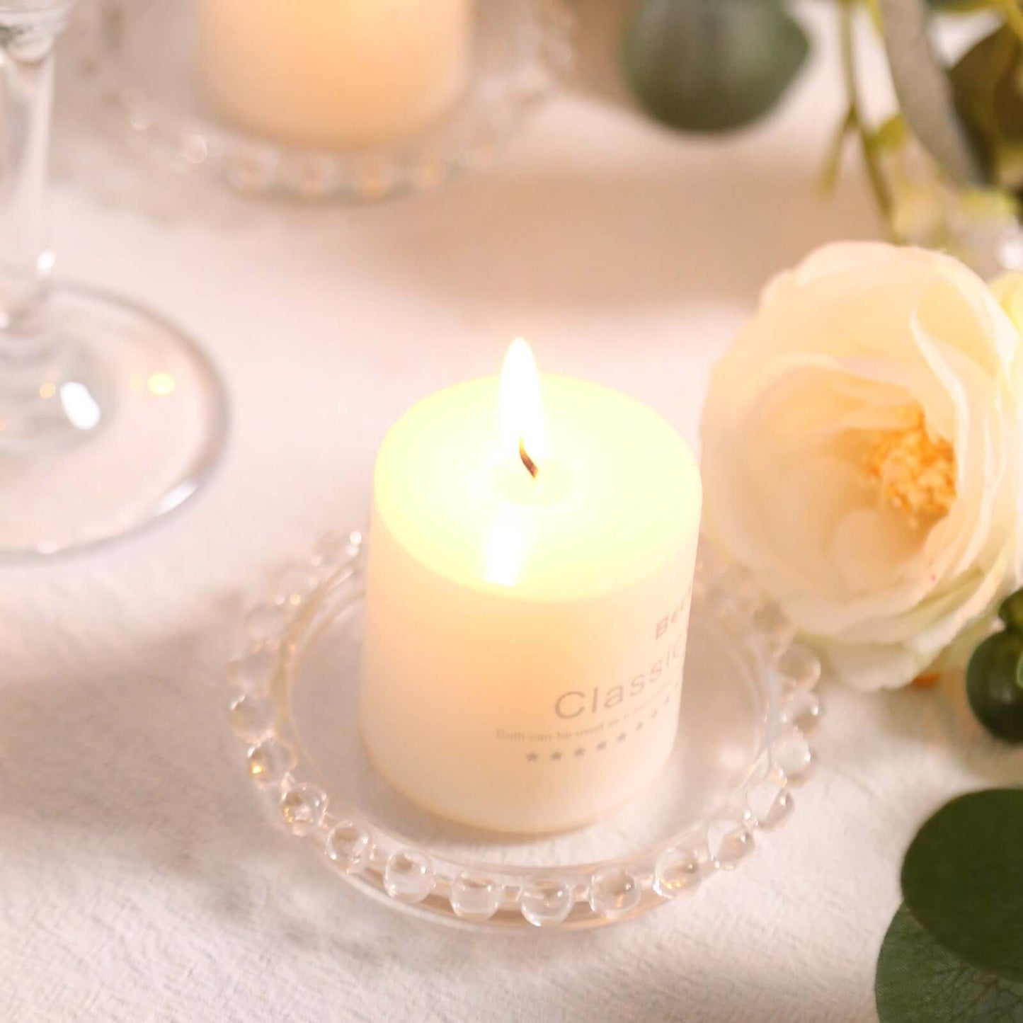 6-Pack Glass Pillar Candle Holder Plates Clear with Beaded Rims - Transparent Small Round Coaster Trays 4"