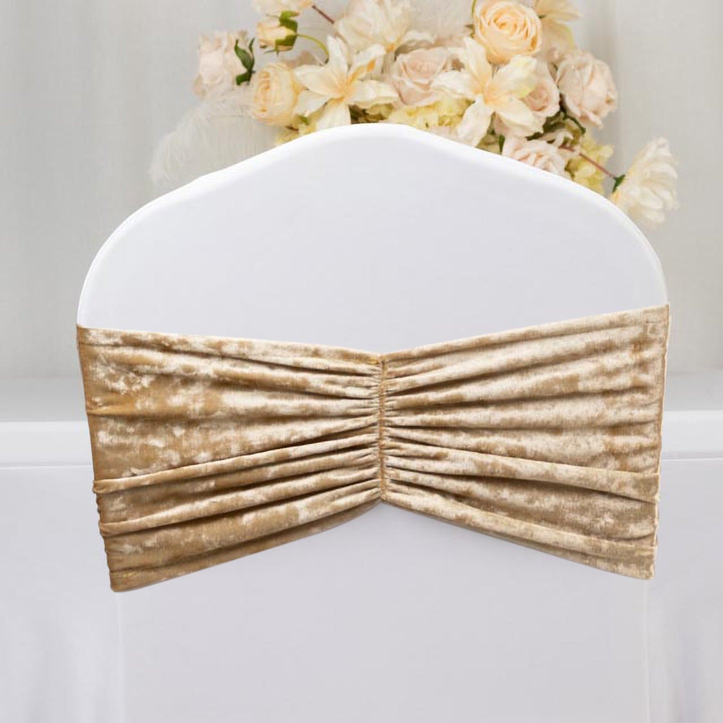 5 Pack Crushed Velvet Chair Bands Champagne Wide Ruffle Style - Textured Chair Sashes for Stunning Event Decor - 8"x15"